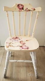 sedia stile country legno massello fiori rosa