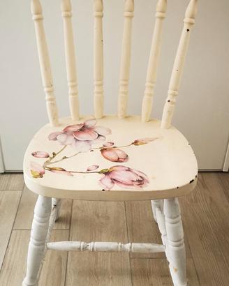 sedia stile country legno massello fiori rosa