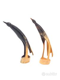 Coppia Sculture Uccelli Corno Naturale Vintage