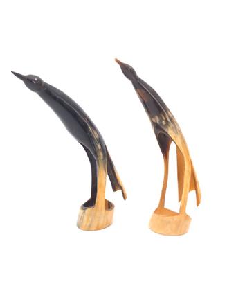 Coppia Sculture Uccelli Corno Naturale Vintage