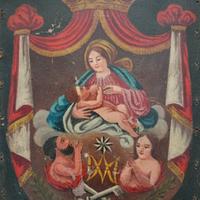 antico dipinto olio su cuoio Madonna del Rosario 