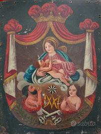antico dipinto olio su cuoio Madonna del Rosario 