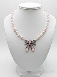 Collana perle Fiocco quarzo rosa pezzo unico retrò
