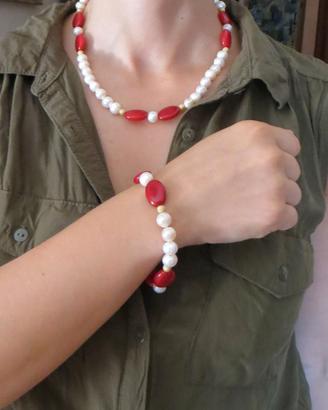 Collana bracciale orecchini perle rubino argento