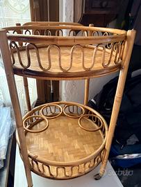 Carrello bar rotondo in bambù e rattan,anni 60
