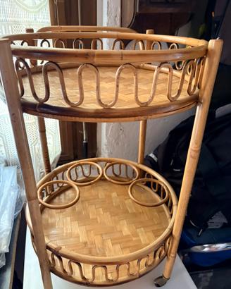 Carrello bar rotondo in bambù e rattan,anni 60