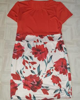 Abito patchwork 2-in-1 floreale rosso - M - Nuovo