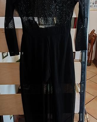 Abito Lungo Nero Trasparente con Perline