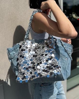 Borsa stupenda in jeans e pajettes nuova