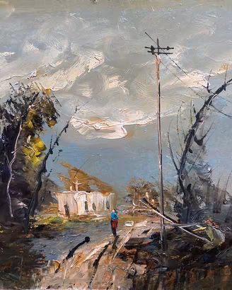 Dipinto Olio su Masonite Paesaggio Rurale Giordano