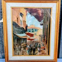 Quadro con mercatino dipinto a mano su tela a olio