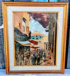 Quadro con mercatino dipinto a mano su tela a olio