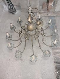 Grande Lampadario Antico in Ottone a 12 Luci