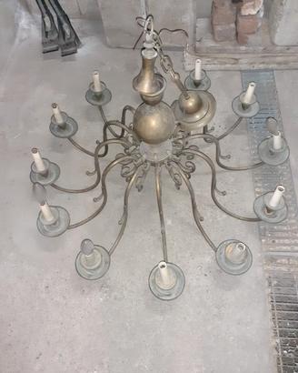 Grande Lampadario Antico in Ottone a 12 Luci