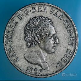 CARLO FELICE 5 LIRE 1827 GENOVA SILVER COIN ARGENT