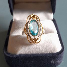 Anello stile Liberty acquamarina zirconi floreale