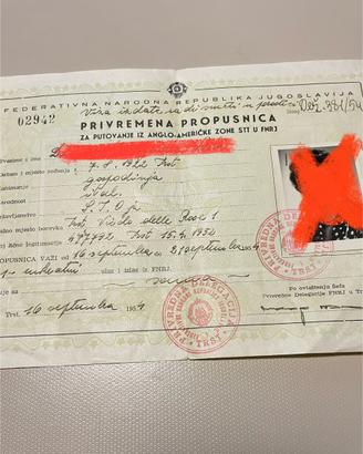 Permesso viaggio 1954 / Potovalno dovoljenje