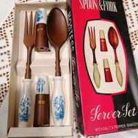 Set insalata vintage anni 60/70 legno ceramica