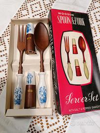 Set insalata vintage anni 60/70 legno ceramica