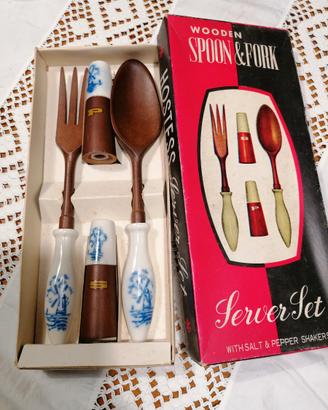 Set insalata vintage anni 60/70 legno ceramica