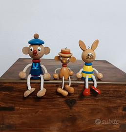 set tre giocattoli vintage legno e corda