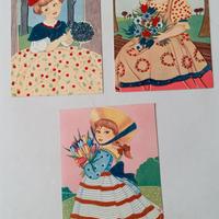 3 Cartoline postali vintage ,con parti di stoffa 