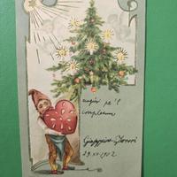 Cartolina postal antica GNOMO CUORE ALBERO NATALE