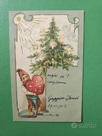 Cartolina postal antica GNOMO CUORE ALBERO NATALE