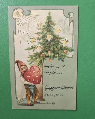 Cartolina postal antica GNOMO CUORE ALBERO NATALE