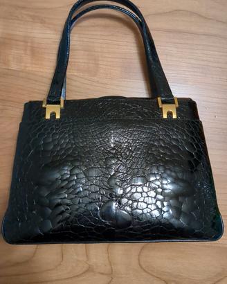 borsa nera in pelle stampato coccodrillo 