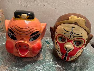 2 teste cartapesta maschera cinese vintage