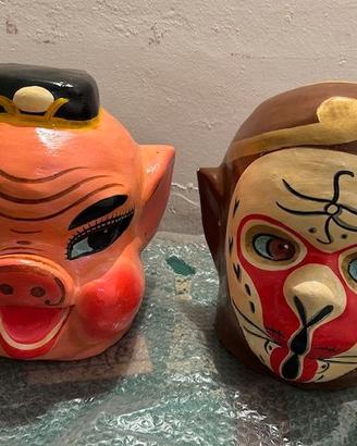 2 teste cartapesta maschera cinese vintage
