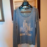 maglia azzurra luminescente scritta NY oro Twinset