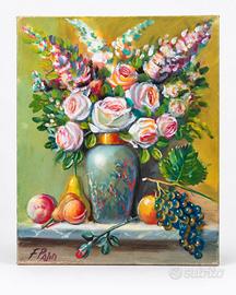 Rose e frutta in vaso decorato - olio tela 50x40
