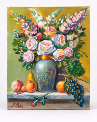 Rose e frutta in vaso decorato - olio tela 50x40