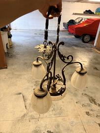Lampadario Liberty antico ottone 3 luci e coppa