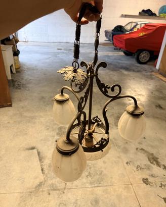 Lampadario Liberty antico ottone 3 luci e coppa