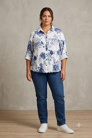 Camicia Blusa in lino floreale bianca e blu Tg XL