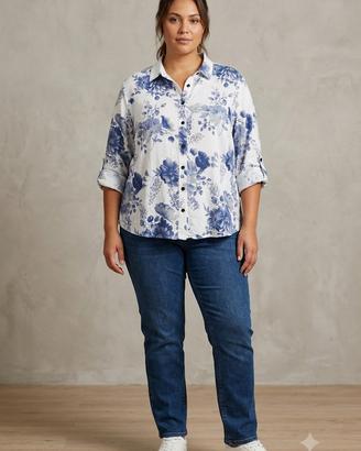 Camicia Blusa in lino floreale bianca e blu Tg XL