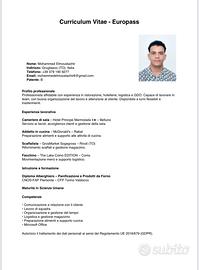 Cameriere magazziniere facchino aiuto cuoco