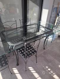 Tavolo in vetro e ferro battuto pieno e 6 sedie