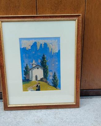 Cappella alpina con figure — Gouache