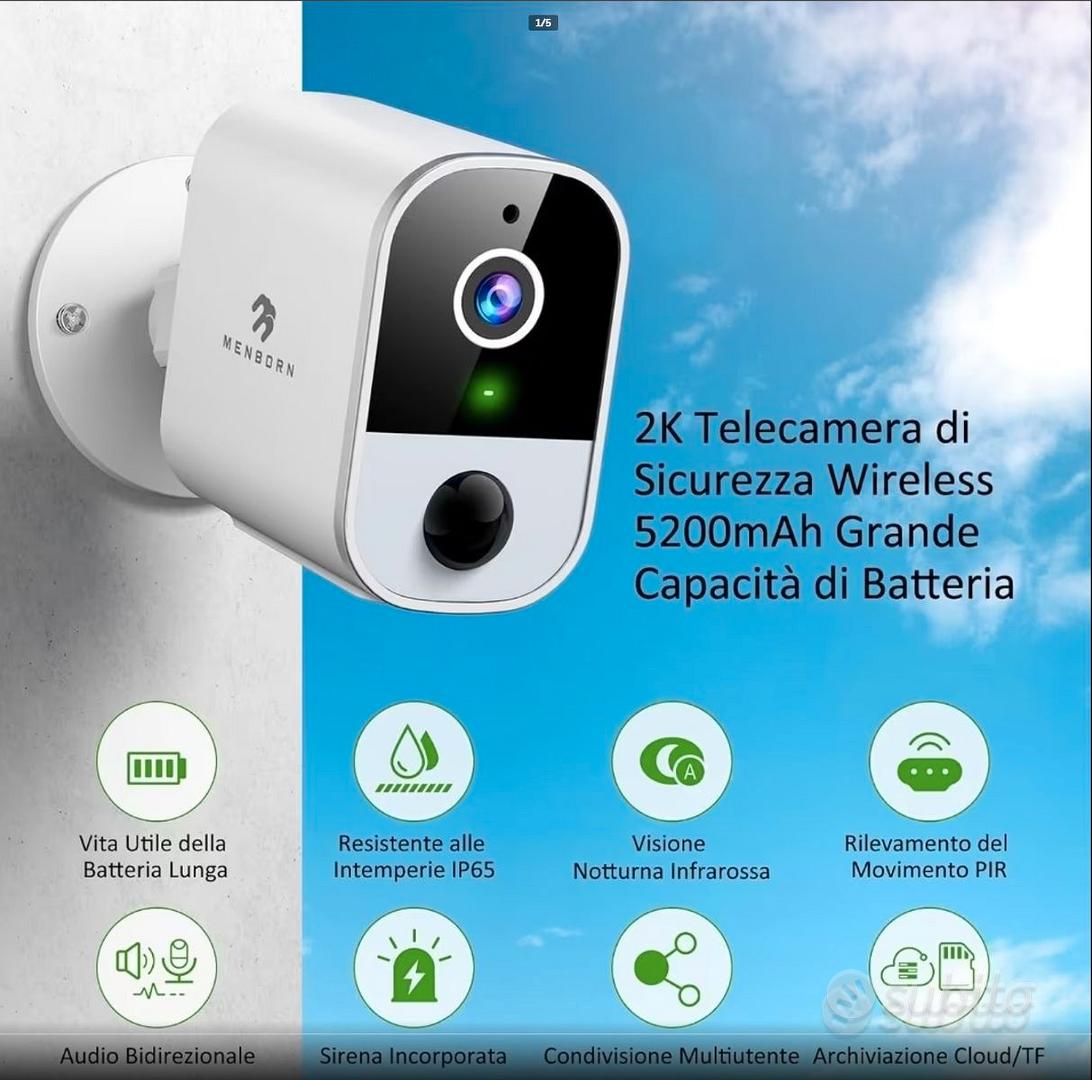 Telecamera WiFi Esterna 2K Senza Fili Menborn – Batteria 5200mAh, Rilevamento PIR, Audio Bidirezionale E Alexa