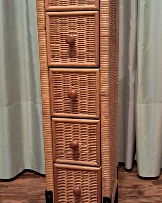 Cassettiera vintage in legno e vimini