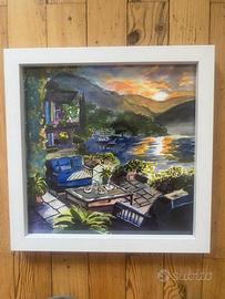 Quadro dipinto a mano lago al tramonto