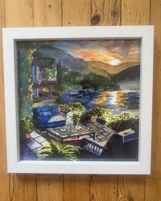 Quadro dipinto a mano lago al tramonto