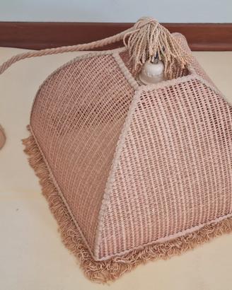 Lampadario a sospensione in vimini rosa anni 80