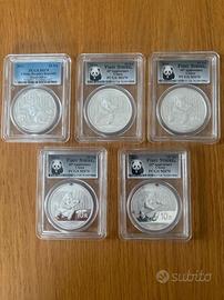 5 monete Cina Panda in argento puro 999 1 oz MS70