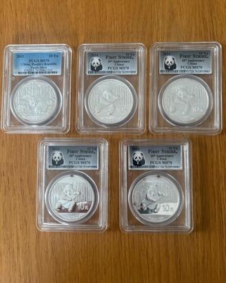 5 monete Cina Panda in argento puro 999 1 oz MS70