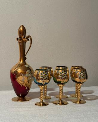 Set Liquore Vetro Murano Tre Fuochi Oro 24K 7pz